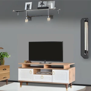 Neva Mobilya Pera Tv  Sehpası Atlantik Çam Krem Renkli 2 Kapaklı Raflı Üst Panel Gold Detaylı 130x59x36 Cm