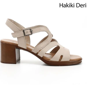 Kadın Antik Bej Kalın Topuklu Hakiki Deri Sandalet