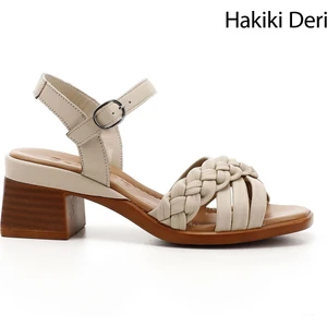 Kadın Bej Bilek Bağlı Örgü Bantlı Hakiki Deri Sandalet