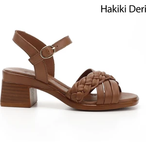 Kadın Taba Bilek Bağlı Örgü Bantlı Hakiki Deri Sandalet