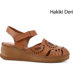 Kadın Taba Cırt Bantlı Dolgu Topuk Hakiki Deri Sandalet