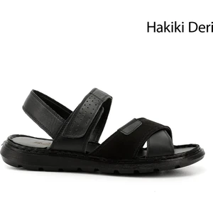 Erkek Siyah Cırtlı Çapraz Bantlı Hakiki Deri Sandalet