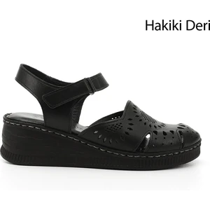 Kadın Siyah Cırt Bantlı Dolgu Topuk Hakiki Deri Sandalet