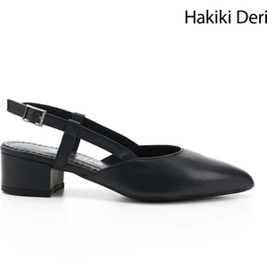 Kadın Lacivert Kalın Topuklu Arkası Açık Hakiki Deri Ayakkabı