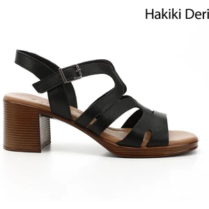 Kadın Siyah Kalın Topuklu Hakiki Deri Sandalet