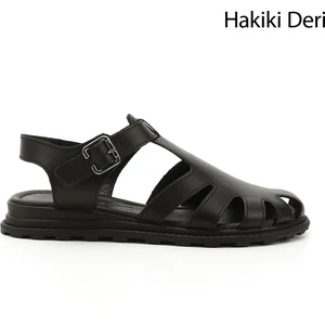 Kadın Siyah Tokalı Burnu Kapalı Hakiki Deri Sandalet