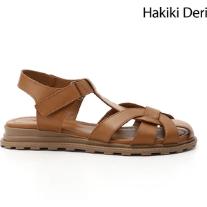 Kadın Taba Cırt Bantlı Burnu Kapalı Hakiki Deri Sandalet