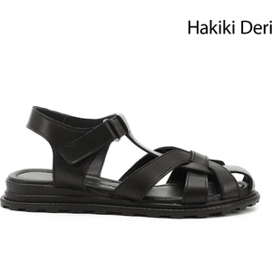 Kadın Siyah Cırt Bantlı Burnu Kapalı Hakiki Deri Sandalet