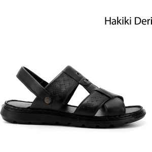 Erkek Siyah Hakiki Deri Comfort Sandalet