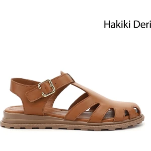Kadın Taba Tokalı Burnu Kapalı Hakiki Deri Sandalet