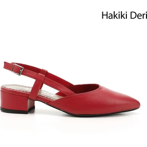 Kadın Kırmızı B Kalın Topuklu Arkası Açık Hakiki Deri Ayakkabı