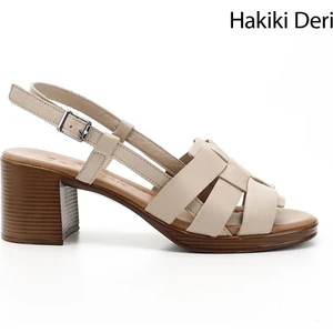 Kadın Bej Örgü Bantlı Kalın Topuklu Hakiki Deri Sandalet