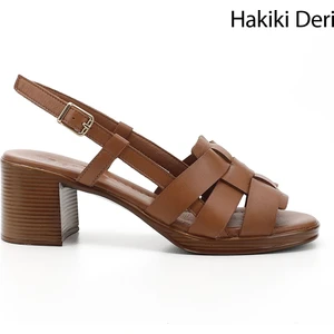 Kadın Taba Örgü Bantlı Kalın Topuklu Hakiki Deri Sandalet