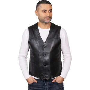 Derije Texas Hakiki Deri Erkek Siyah Punto Dikişli Yelek