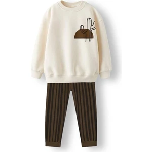 Erkek Çocuk Pamuklu Ekru Kaktüs Baskılı Sweatshirt ve Kahverengi Çizgili Pantolon Takım