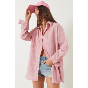 Kadın Tek Cep Detaylı Çizgili Oversize Gömlek