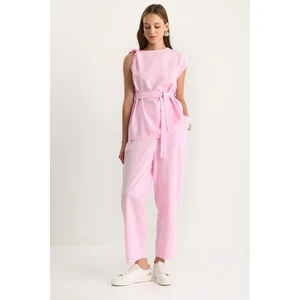 Kadın Omuz Düğüm Detaylı Kuşaklı Keten Alt-Üst Takım