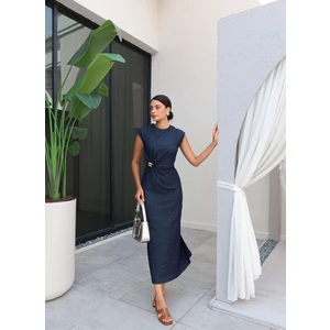 Sıfır Kol Bel Tokalı Denim Elbise