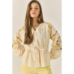 Kadın V Yaka Nakışlı Belden Bağlamalı Kolları Lastikli Keten Gömlek