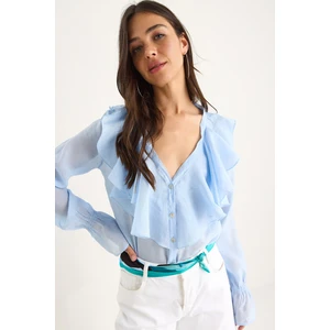 Kadın Yakası Fırfırlı Kolları Büzgülü Şık Gömlek