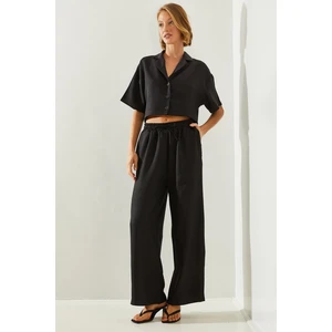 Kadın Ceket Yaka Crop Düğmeli Pantolonu Cepli Alt-Üst Takım