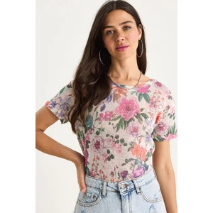 Kadın Bisiklet Yaka Desenli Dijital Baskılı Regular Yazlık Örme T-Shirt
