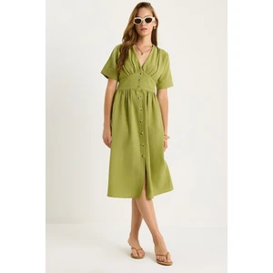 Kadın V Yaka Bel Detaylı Düğmeli Kısa Kollu Viskon Keten Elbise