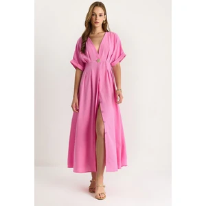 Kadın V Yaka Gold Düğme Detaylı Keten Elbise