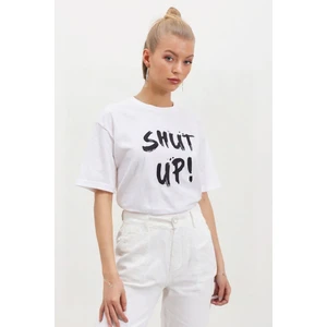 Bisiklet Yaka Oversize Shut-Up Baskılı T-Shırt