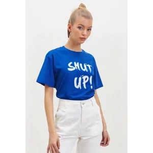 Bisiklet Yaka Oversize Shut-Up Baskılı T-Shırt