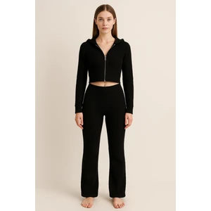 Fitilli Kapüşonlu Crop Hırka & Ispanyol Paça Pantolon Takım
