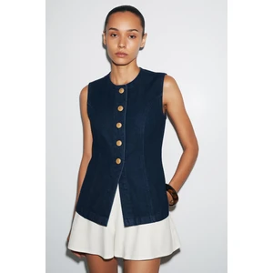 Gold Düğmeli Dikiş Detaylı Denim Yelek