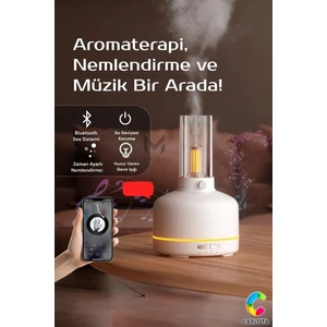 Sessiz Nemlendirici & Bluetooth Hoparlörlü Gece Lambası Aromaterapi Huzurlu Uyku ve Evde Wellness Beyaz