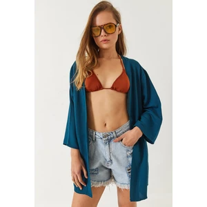 Kadın Keten Dokulu Kısa Basic Kimono