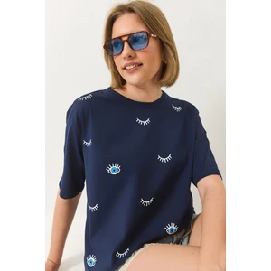 Kadın Göz Baskılı Kısa Kollu Pamuklu Oversize T-Shirt