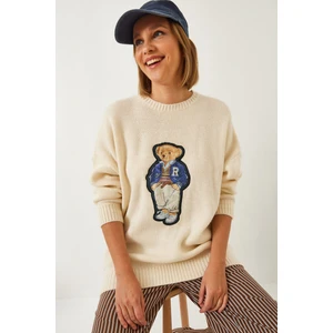 Kadın Ayıcık Baskılı Oversize Triko Kazak