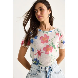 Kadın Bisiklet Yaka Desenli Dijital Baskılı Regular Yazlık Örme T-Shirt
