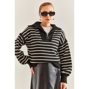 Kadın Çizgili Fermuarlı Triko Kazak