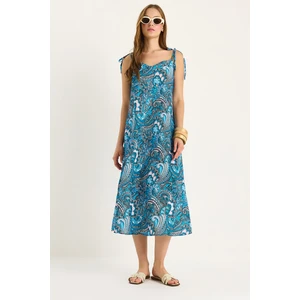 Kadın Bağlama Askılı V Yaka Cep Detaylı Desenli Midi Elbise -