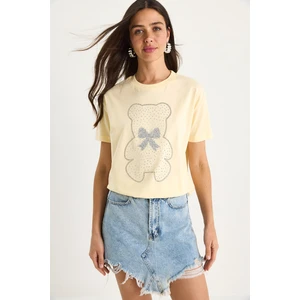 Kadın Teddy Kurdele Detaylı Taşlı T-Shirt