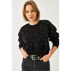 Kadın Bisiklet Yaka Önü Inci Çakmalı Üç Iplik Şardonlu Sweatshırt