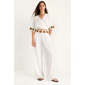 Kadın Örgü Detaylı Kruvaze Yaka Belden Kuşaklı Crop Yüksek Bel Pantolon Takım