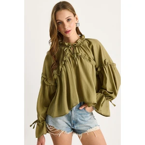 Kadın Bağlama Detaylı Balon Kol Salaş Gofre Bluz