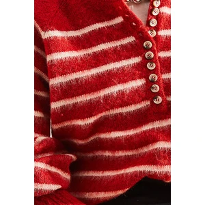 Kadın Şardonlu Çizgili  Düğmeli Triko Kazak