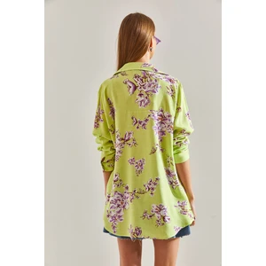 Kadın Çiçek Desenli Salaş Keten Gömlek