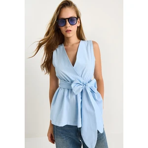 Kadın Beli Lastikli Kruvaze Yaka Kuşaklı Poplin Bluz