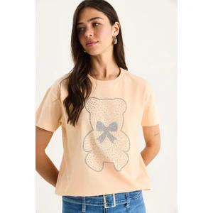 Kadın Teddy Kurdele Detaylı Taşlı T-Shirt