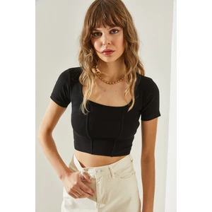 Kadın Kare Yaka Dikiş Detaylı Kısa Kollu Crop T-Shirt