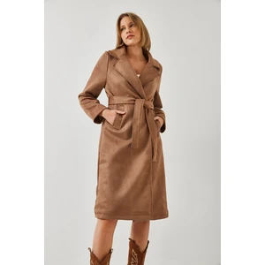 Kadın Kruvaze Yaka Kuşaklı Cep Detaylı Kaşe Kaban