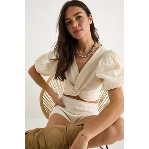Kadın Balon Kollu Crop Müslin Bluz -